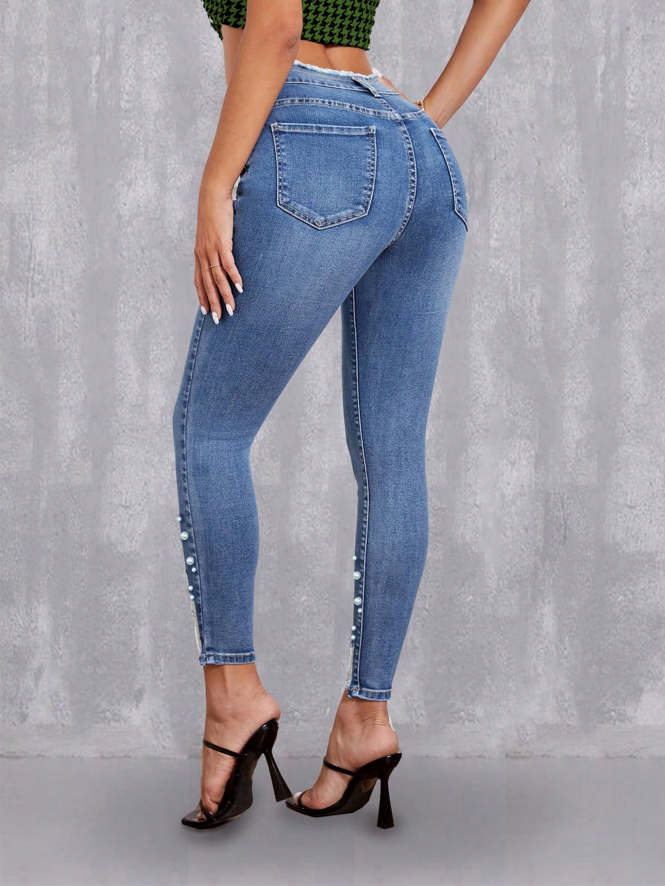 Pearls Beaded Raw Hem Skinny Jeans