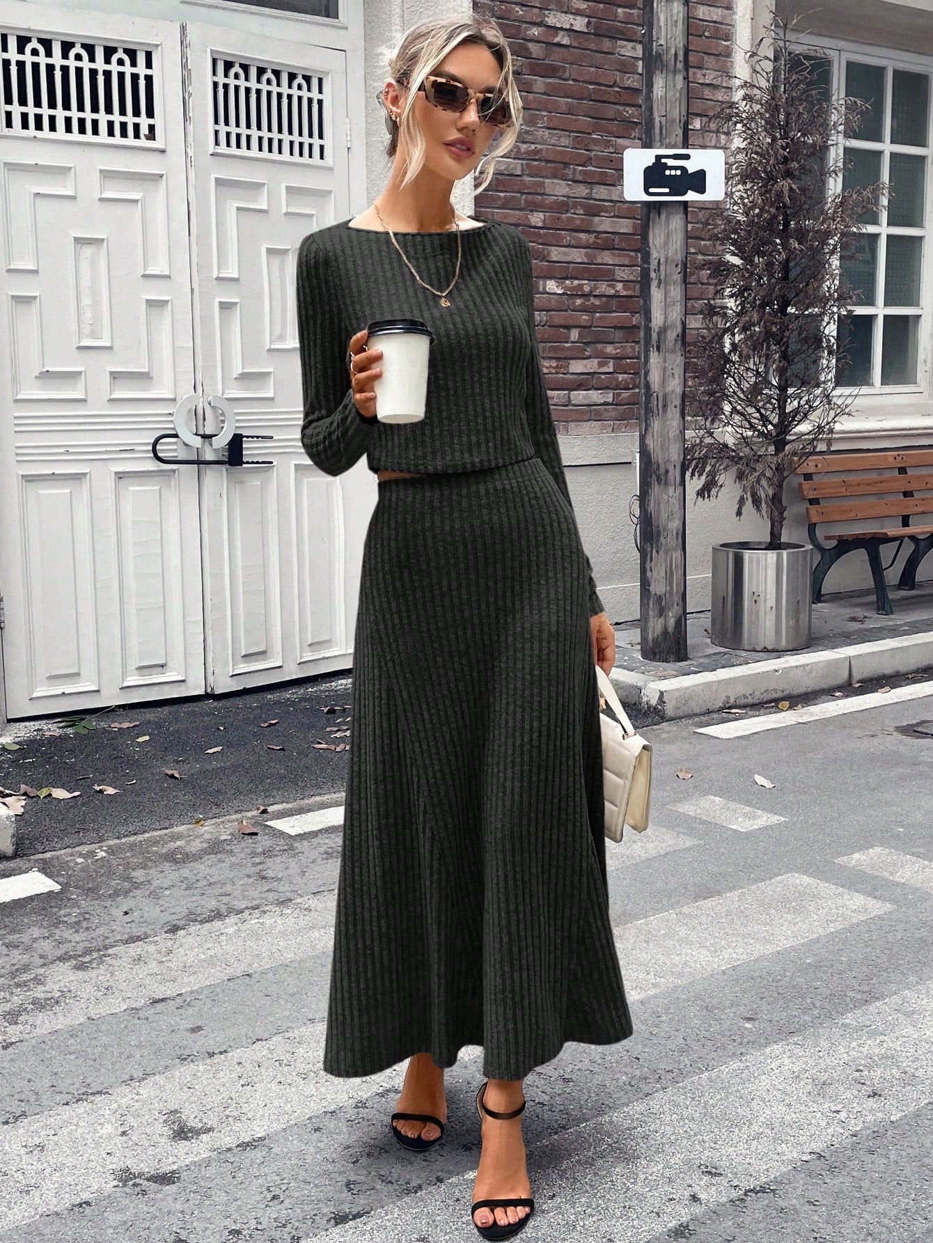 Striking Solid Ribbed Knit Top & Skirt Set