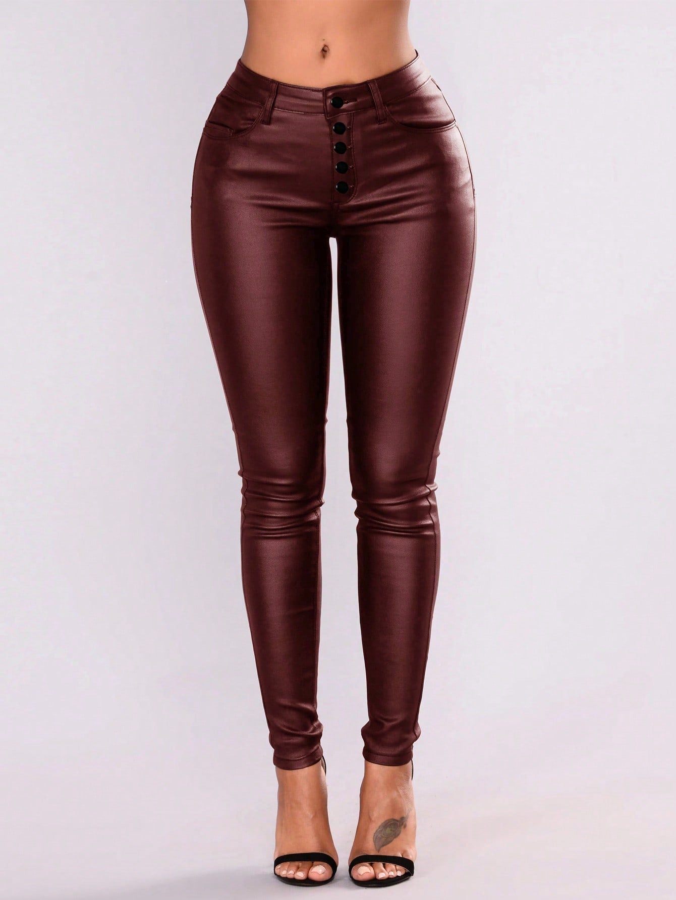 Button Fly Thermal Lined PU Leather Skinny Cropped Pants