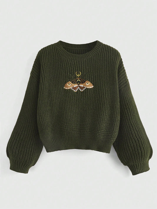 Deathhead Moth Embroidery Round Neck Sweater
