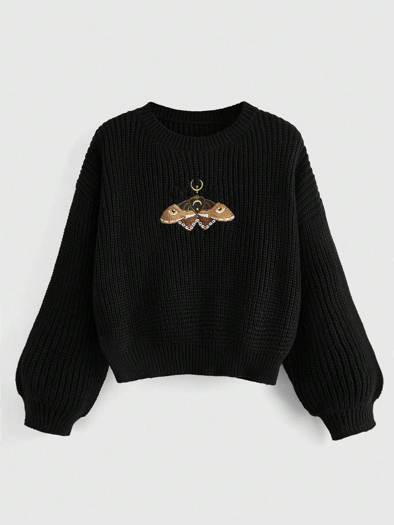 Deathhead Moth Embroidery Round Neck Sweater
