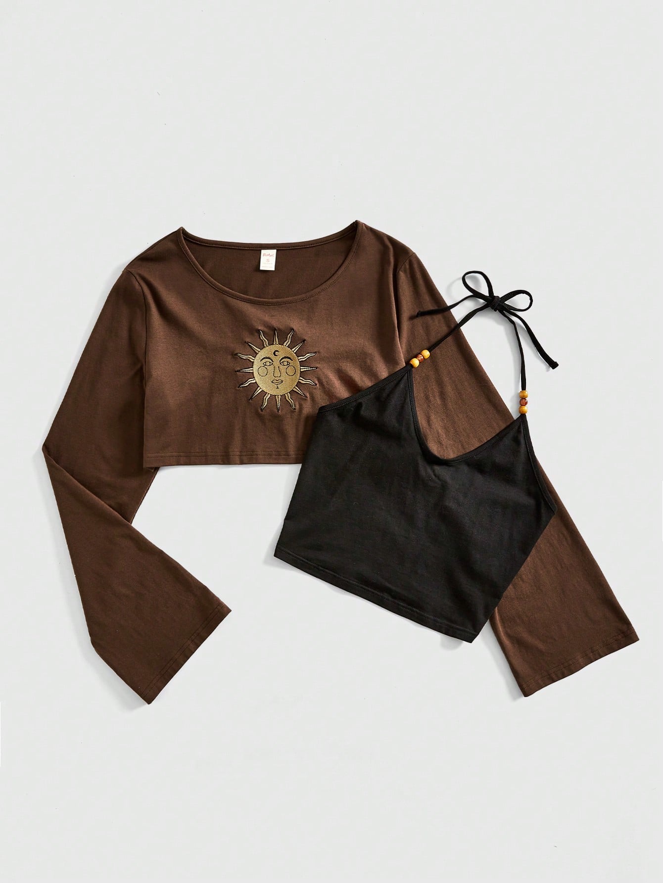 Hippie Hotness 2pcs/Set Bohemian Sun Embroidery T-Shirt With Beaded Necklace, Sleeveless Top