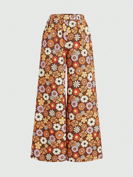 Artistic Hippie Women's Full Printed Flower Pattern Wide Leg Pants