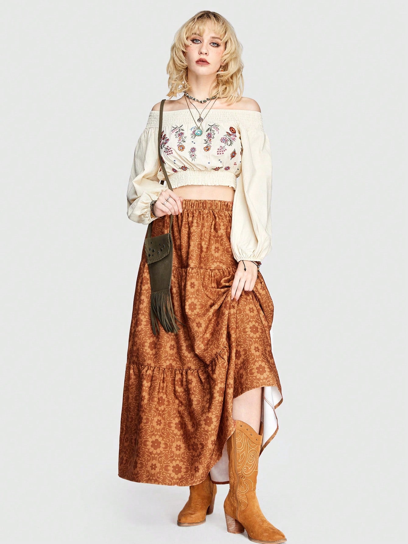 Sunny Hippie Floral Print Ruffle Hem A-line Skirt