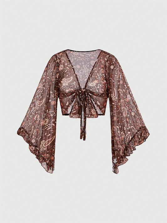 Paisley Print Tie Front Bell Sleeve Top