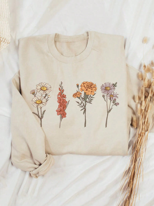 Plus Size Floral Print Fleece Lined Round Neck Sweatshirt
