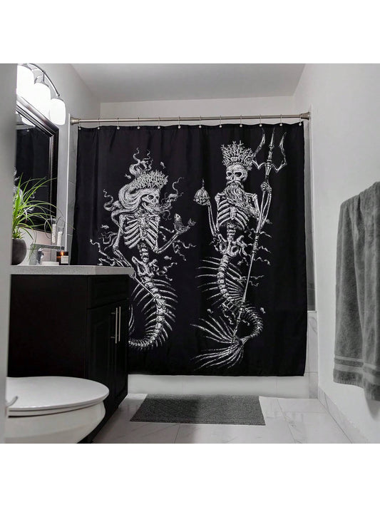 Polyester Gothic Style Skull Mermaid Black Shower Curtain, Liner, 72x72 Inches