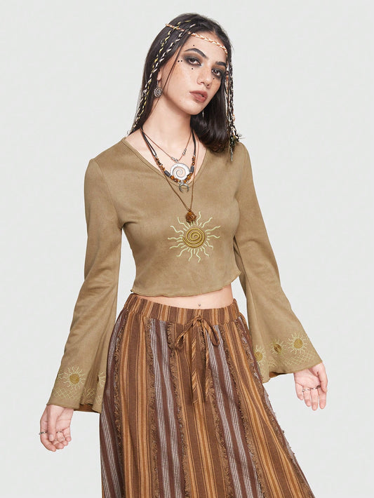 Kindness Is Easy Hippie Sun & Geo Embroidery Flare Sleeve Crop Tee