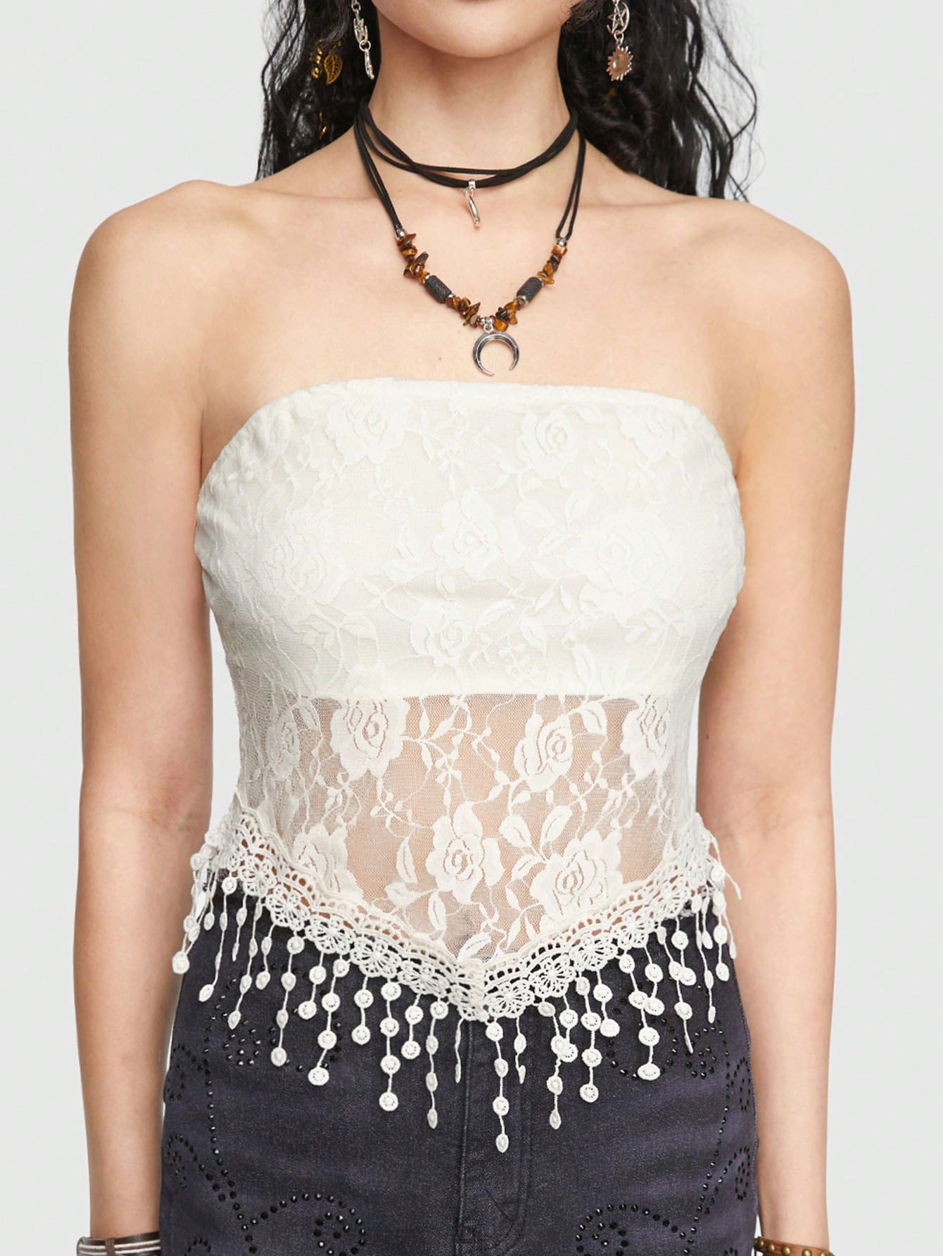 Vintage Rose Lace Fringe Strapless Top