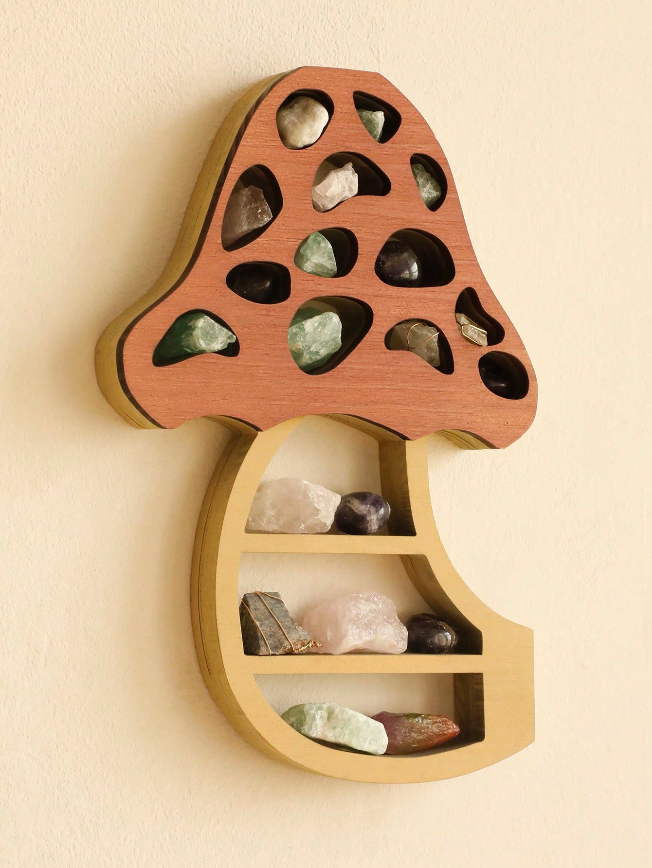 Floating Wooden Mushroom Shelf, Crystal display