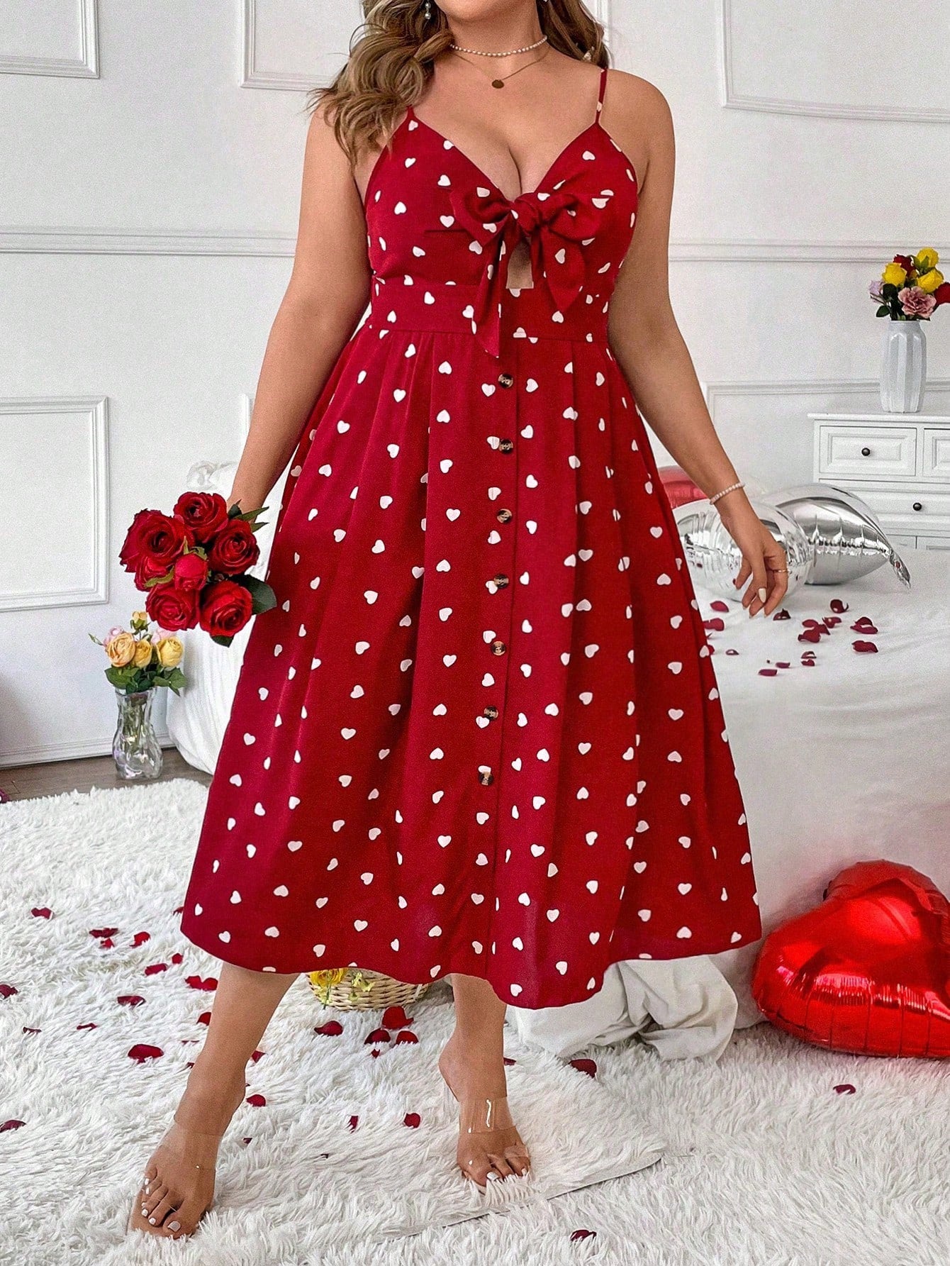 Plus Size Women'S Heart Print Cami Dress