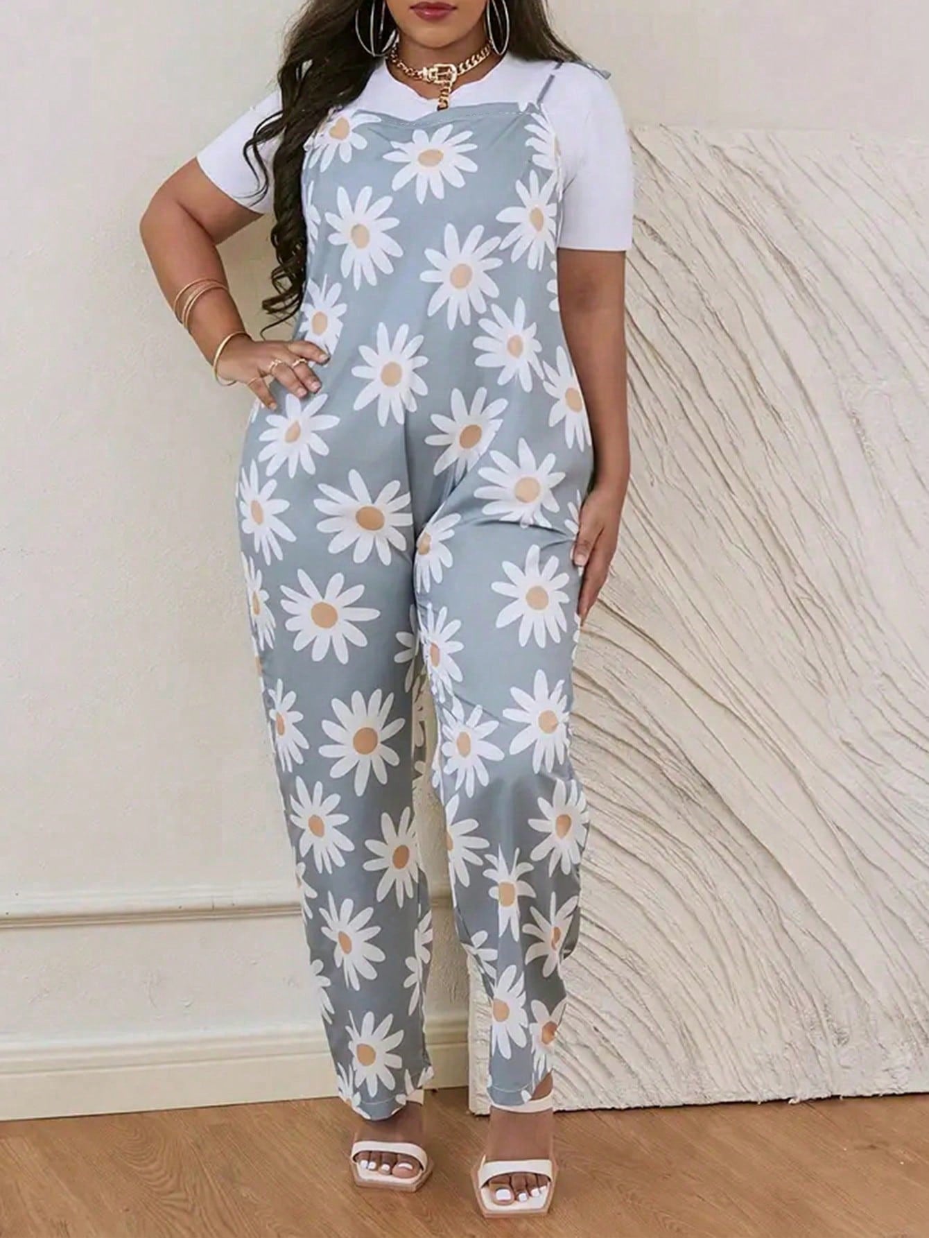 Cutie Plus Daisy Print Overall Jumpsuit Without Tee